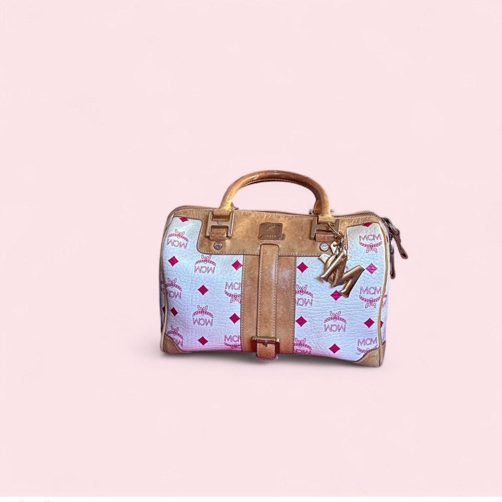 MCM Tan, White, and Pink Boston Satchel